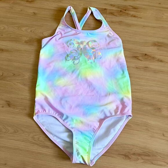 Juicy Couture coloured stripes & foil spot Piping Hot swimsuit Kid Size 12 - Picture 1 of 8